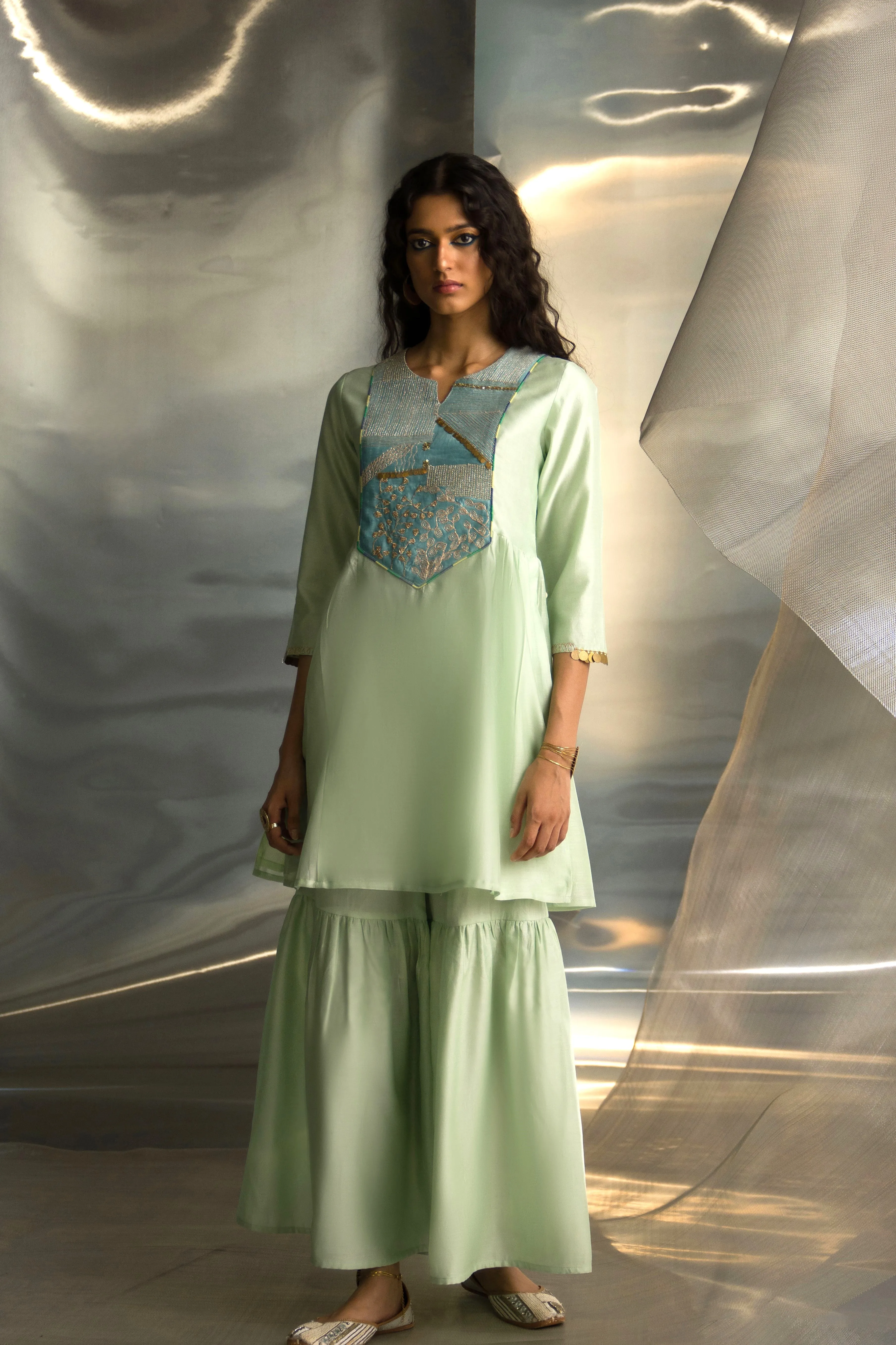 Mint Green Embroidered Sharara Set (2 Dupatta Options)