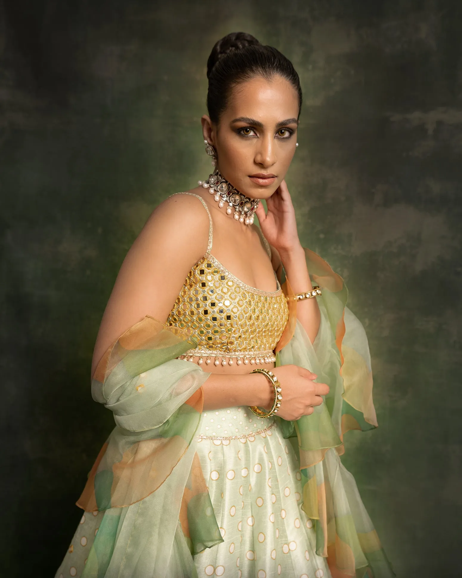 Mint Green Mirror Embroidered Lehenga Set