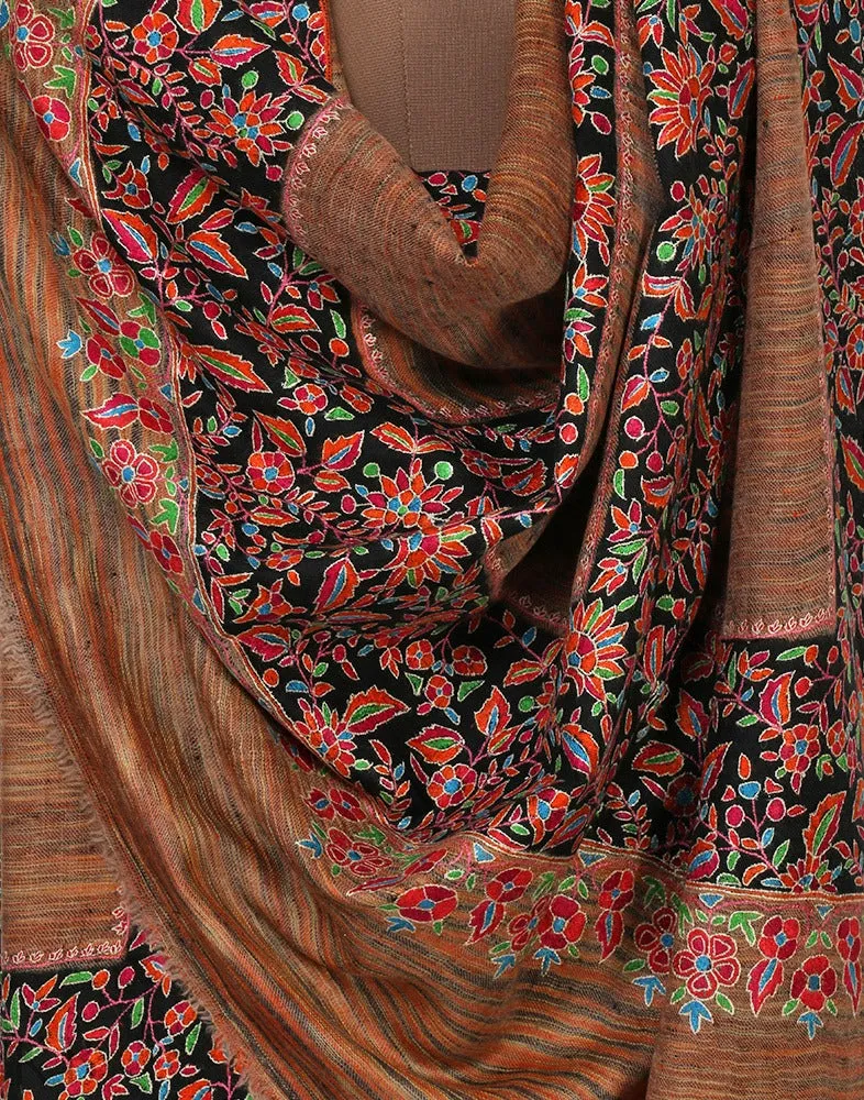 Multicolored Ikkat Embroidered Cashmere Shawl