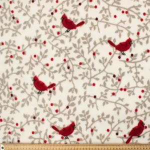 Red Birds & Grey Vines on Ivory  Printed Polar Fleece DSN #46