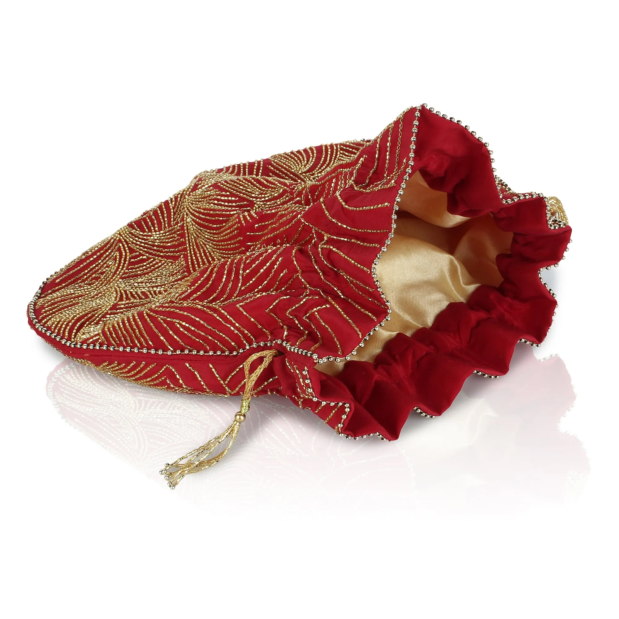 Red Bridal Potli Bag with golden embroidery waves on the front and back