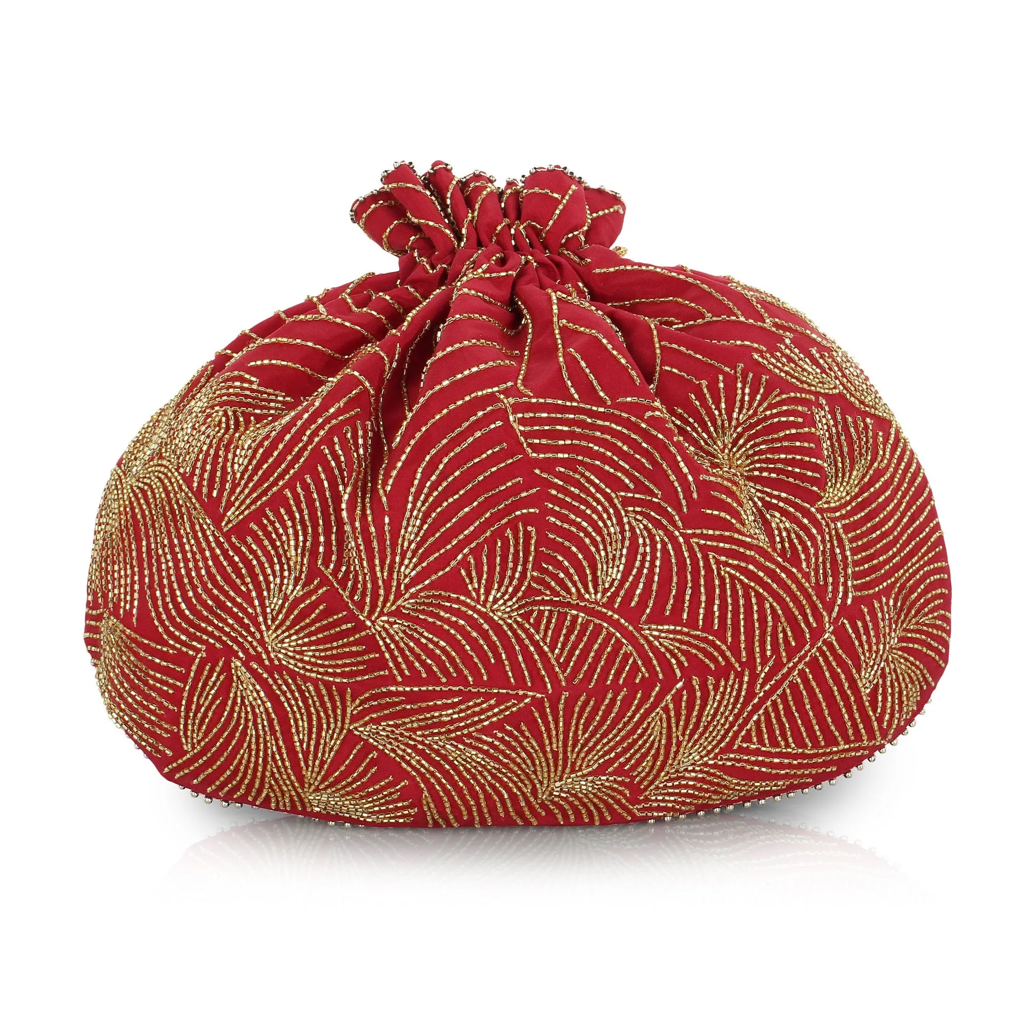 Red Bridal Potli Bag with golden embroidery waves on the front and back