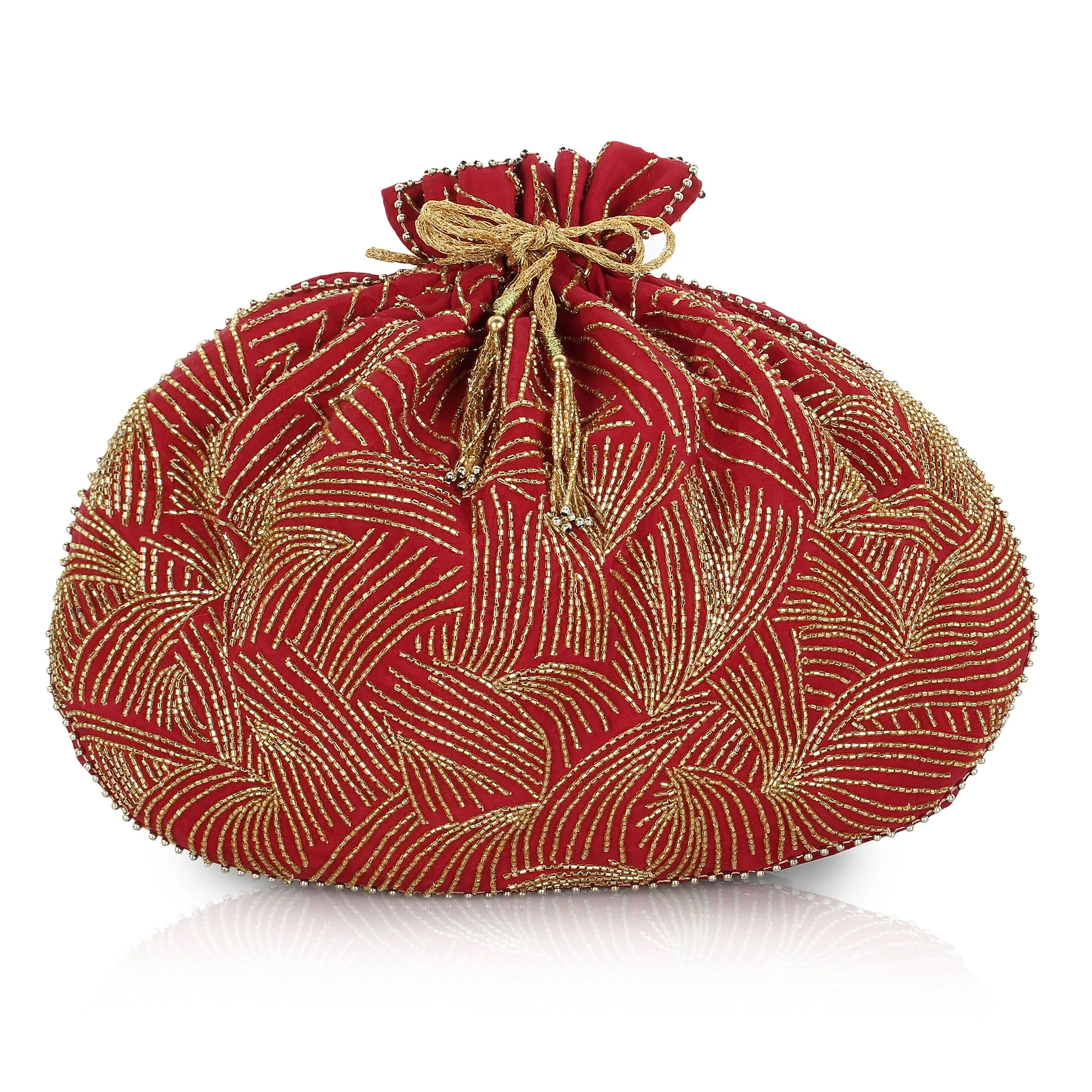 Red Bridal Potli Bag with golden embroidery waves on the front and back