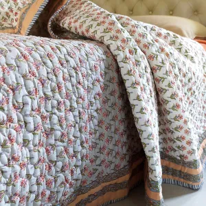 Reversible Cotton Comforter, Bedspread, Quilt Block Printed With Peach & Green Floral Prints - L 260 cm x W 215 cm