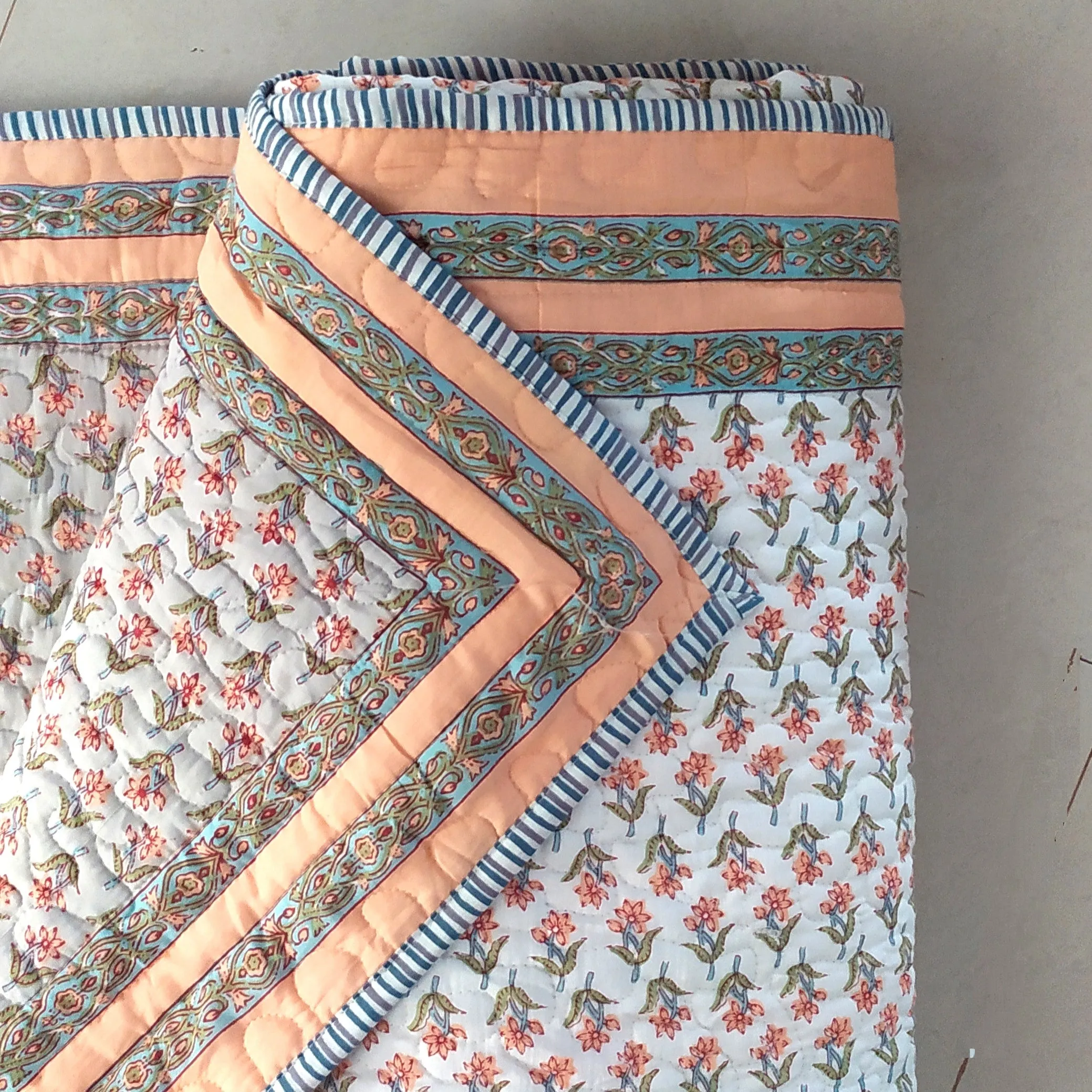 Reversible Cotton Comforter, Bedspread, Quilt Block Printed With Peach & Green Floral Prints - L 260 cm x W 215 cm