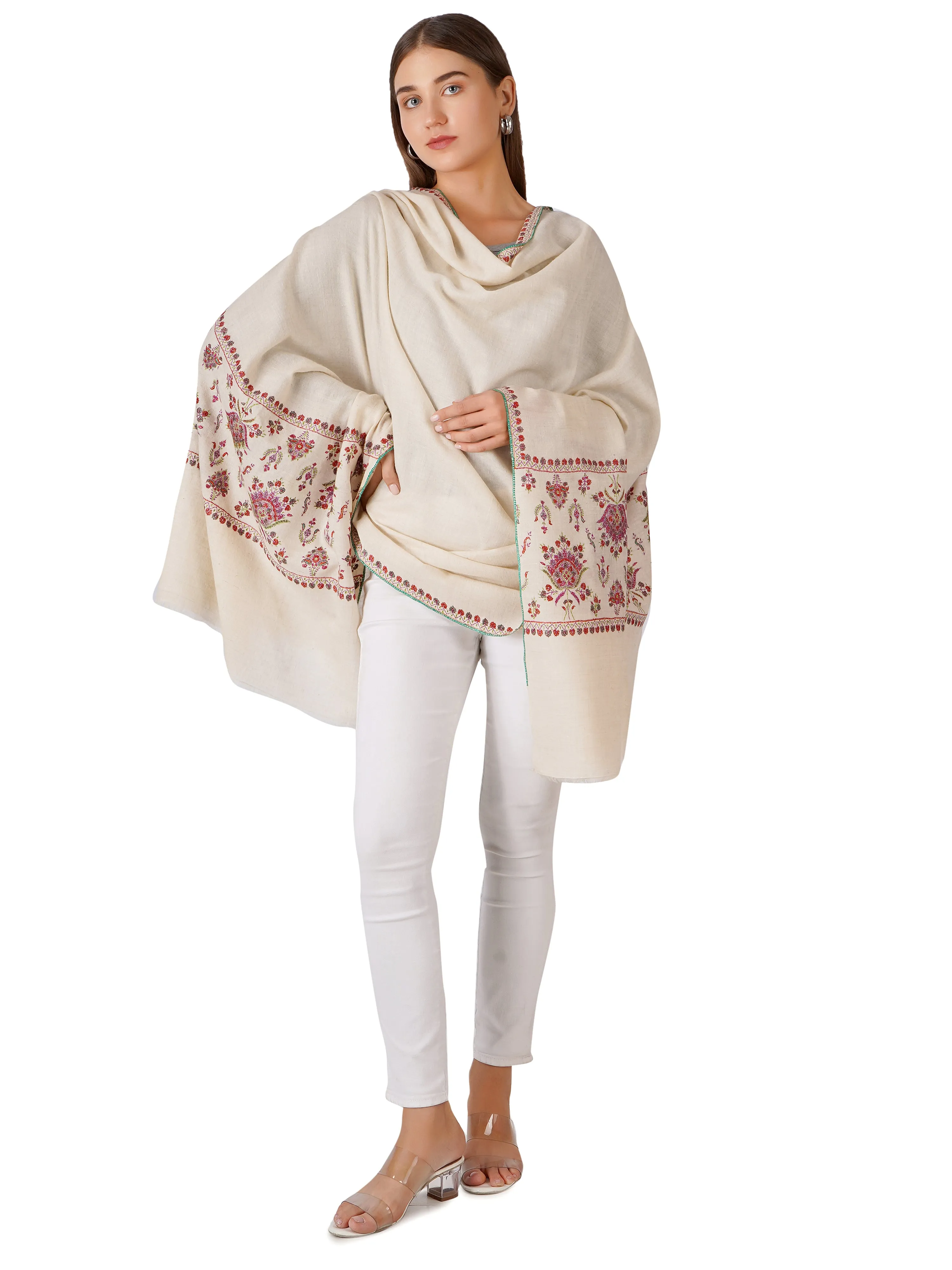 Vibrant White Pashmina Shawl with Detailed Designs