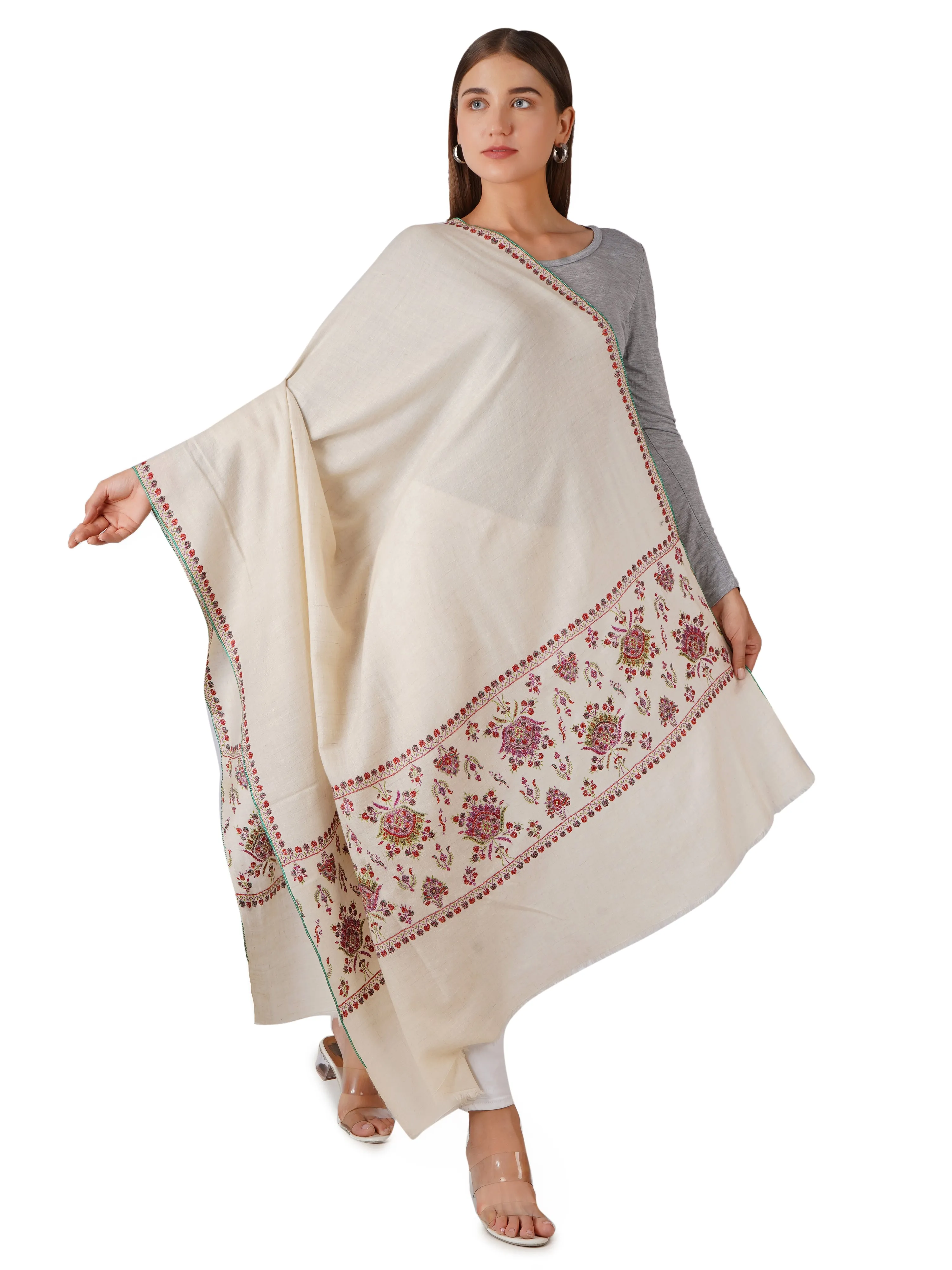 Vibrant White Pashmina Shawl with Detailed Designs