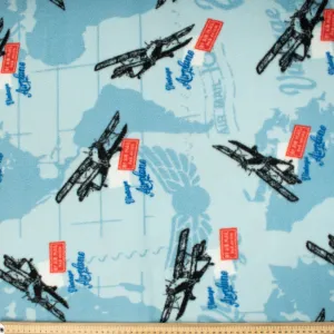 Vintage Airplanes on Blue Map Printed Polar Fleece DSN #31