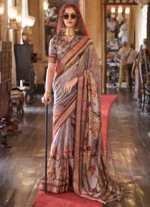 Vivid Beige Brownish Digital Printed Viscos Soft Silk Saree