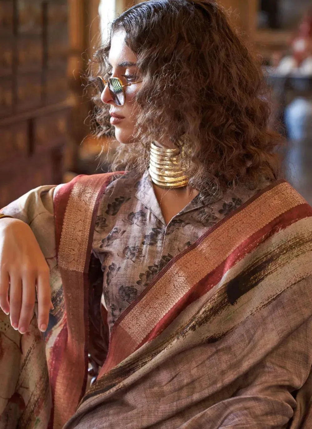 Vivid Beige Brownish Digital Printed Viscos Soft Silk Saree