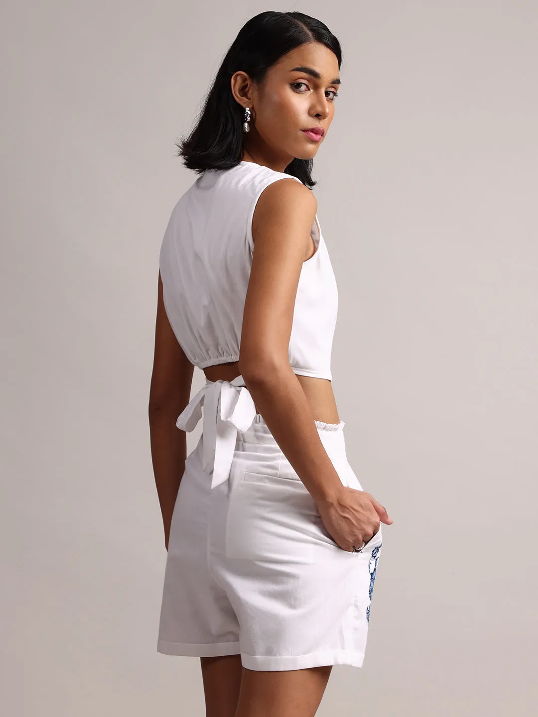 White Cotton Embroidered Wrap Back Tie-Up Co-Ord Set